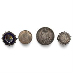 Queen Victoria 1891 silver crown, 1893 florin and two shilling brooches, one enamelled