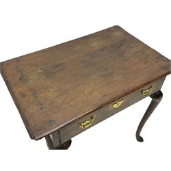 George III oak low-boy, moulded rectangular top with shaped corners, fitted with single drawer, shaped brass handle plates and escutcheon, on cabriole supports 