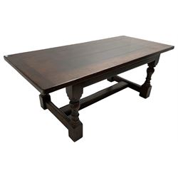 20th century oak refectory dining table, rectangular cleated top on turned supports joined by H-stretcher