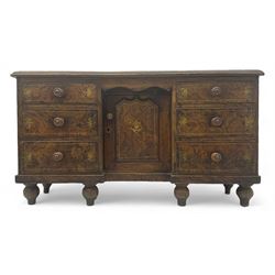 Victorian walnut scumbled pine sideboard, stepped rectangular top over central cupboard with marquetry inlay, flanked by two banks of three drawers fitted with round wooden knobs, raised on turned bun supports