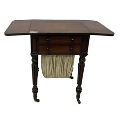 19th century mahogany drop-leaf work table, rectangular top with rounded corners, fitted with two cock-beaded drawers over pleated silk storage well, with matching opposing faux drawers, on turned and lobe moulded supports on castors