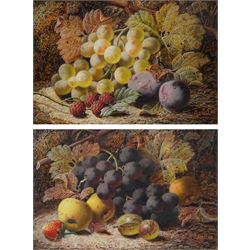 Oliver Clare (British 1853-1927): Still Life of Fruit on a Mossy Bank, pair oils on board signed 15cm x 23cm (2)