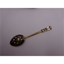 Set of six 1930s silver-gilt and enamel coffee spoons, the bowls and finials decorated verso in black and white enamel, hallmarked Turner & Simpson Ltd, Birmingham 1933, contained within fitted case