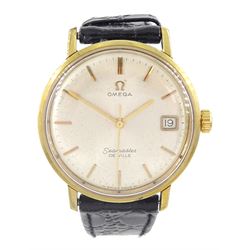 Omega Seamaster De Ville gentleman's gold capped and stainless steel manual wind wristwatch, Cal. 613, silvered dial with date aperture, on black leather strap, boxed