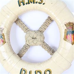 Late 19th/early 20th century ceremonial lifebuoy, from the Royal Navy light cruiser H.M.S Dido, the name painted in gilt lettering and with the ship's crest to either side, D74cm