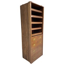 Tall 19th century walnut press cabinet, fitted with five slides over four drawers, with recessed brass handles 