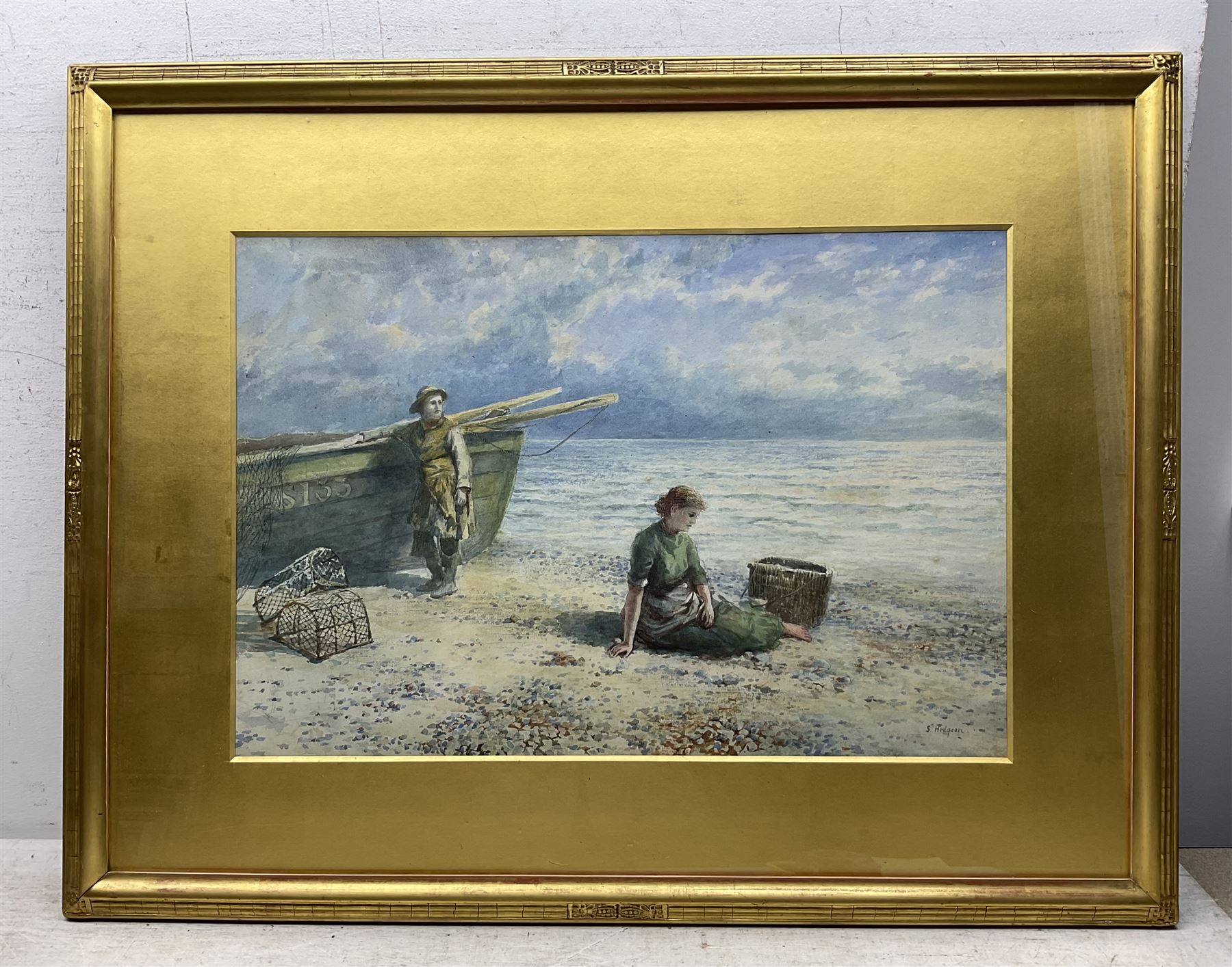 S Hodgson (British 19th Century): Couple Resting Beside the Shore, watercolour signed 36cm x 53cm 