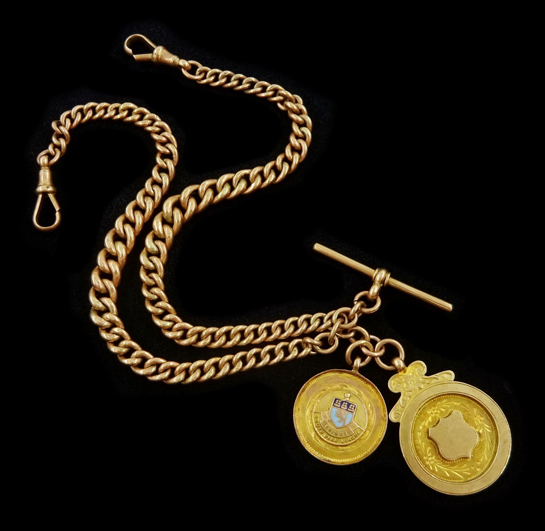 Early 20th century 9ct rose gold Albert watch chain, with two gold medallion fobs, both hallmarked 9ct