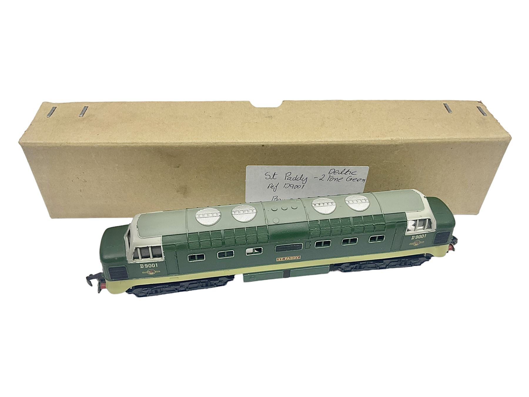 Hornby Dublo - 3-rail 3234 Deltic Type Diesel Co-Co locomotive 'St. Paddy' No.D9001 in BR two-tone green; in later unassociated plain box