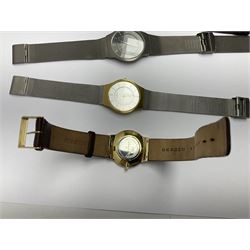 Five Skagen wristwatches, to include 233XLTTM, 809XLTRB, 233LGS, 233XLLTN and 433LGL1, four on Skagen stainless steel mesh straps, one on a Skagen leather strap, 