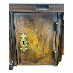 18th century walnut bureau, fall-front enclosing fitted interior with drawers and pigeonholes, over two short and two long drawers with brass escutcheon plates and handles, raised on bracket feet