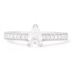 Platinum single stone pear cut diamond ring, with diamond set shoulders, hallmarked, principal diamond approx 0.50 carat, total diamond weight approx 0.70 carat