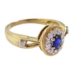 9ct gold oval cut sapphire and round brilliant cut diamond cluster ring, with diamond set shoulders, hallmarked