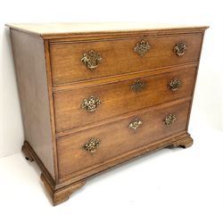 19th century oak chest, chamfered top, three long cockbeaded drawers, bracket supports 