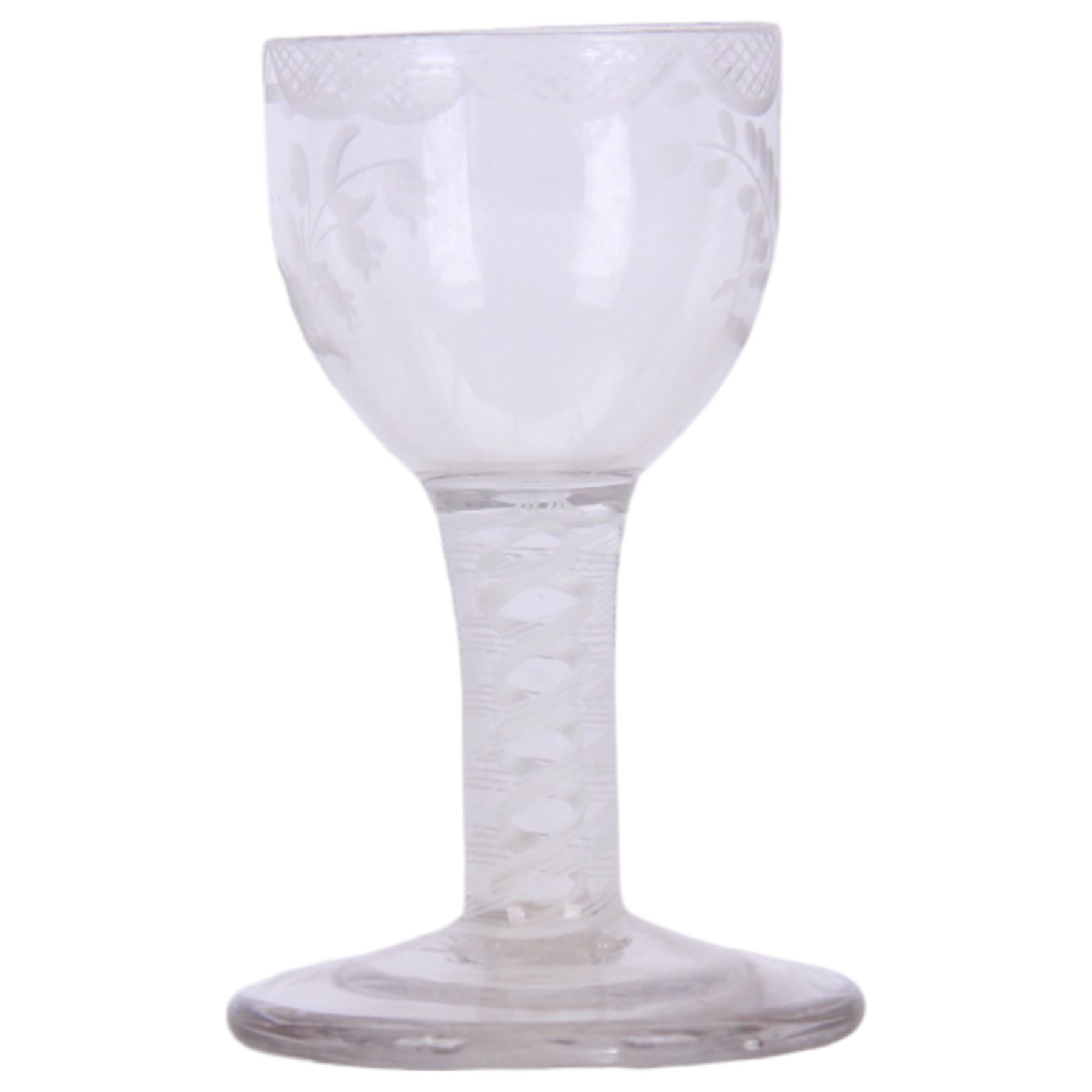 Three 18th century drinking glasses, the first example with rounded bowl engraved with foliate sprigs and border to rim, upon a short double series opaque twist stem and thick foot, H10cm the second with ogee part fluted bowl upon a short plain stem and thick stepped foot, H9cm, and the third toastmaster example with rounded funnel bowl upon a plain stem and thick firing foot, H11cm 