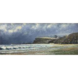 Jack Rigg (British 1927-2023): 'Between Sandsend and Whitby', oil on board signed and dated 2013, titled verso 29cm x 69cm