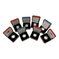 Eight The Royal Mint United Kingdom silver proof one pound coins, comprising 1998, 1998 piedfort, 2000 piedfort, 2001 piedfort, 2002, 2002 piedfort, 2003 piedfort and 2005, all cased with certificates