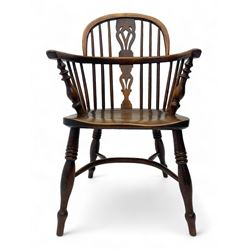 19th century yew wood and elm Windsor armchair, low double hoop stick and pierced splat back, dished seat on turned supports united by crinoline stretchers