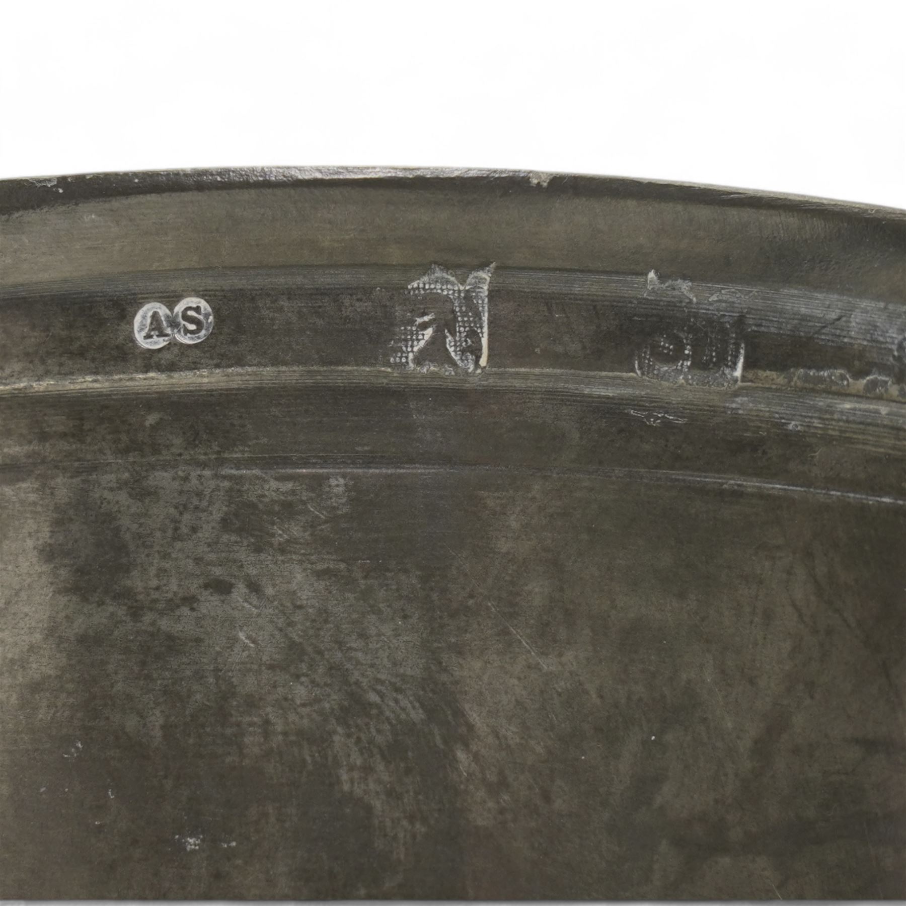 18th century large pewter measure, circa 1795, with strap handle, touch marks at the rim and base, H22cm