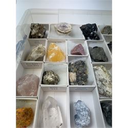 Collection of twenty-three mineral specimens, including orange calcite, realgar, conichalcite etc 
