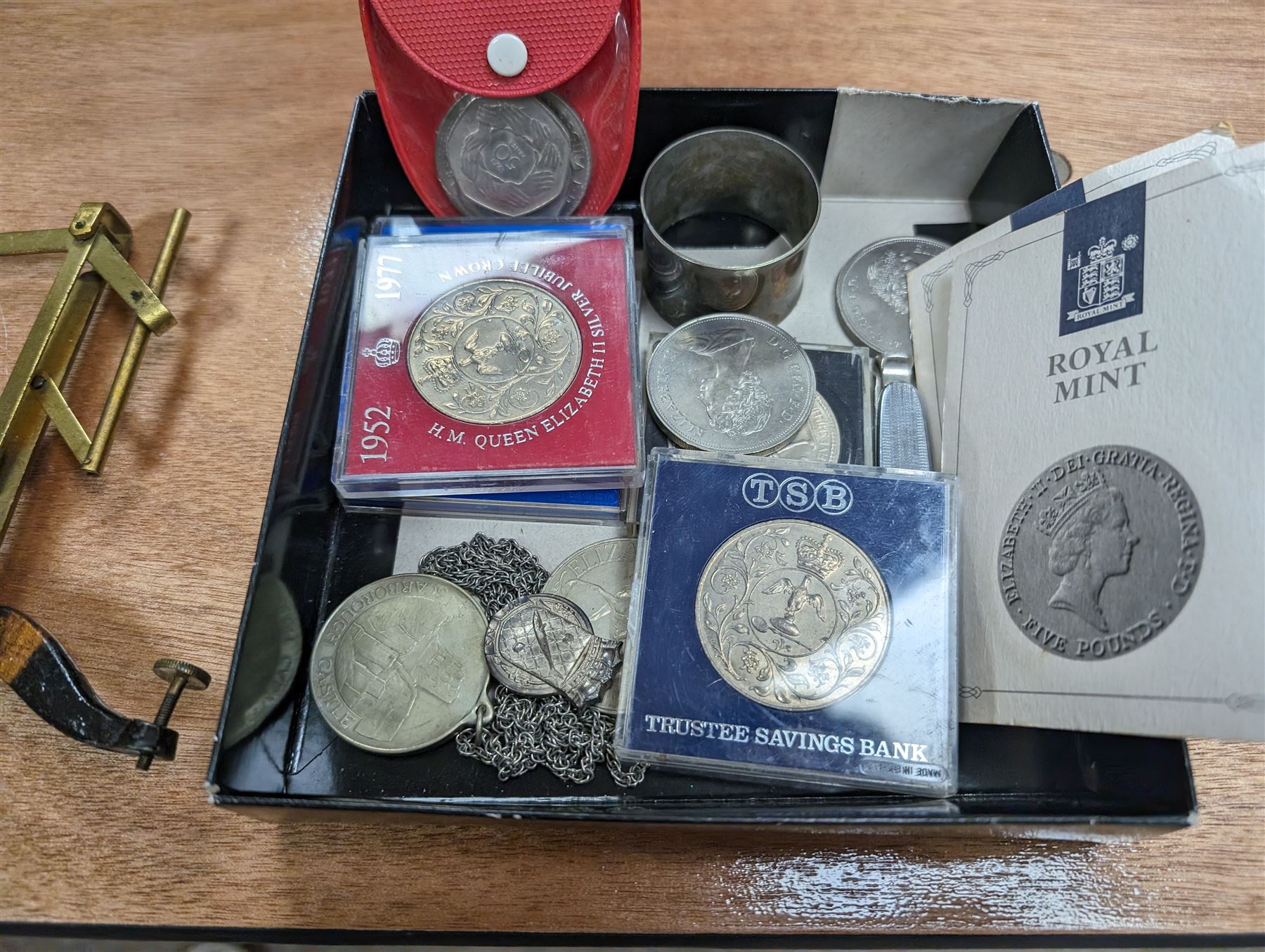 Set of German brass pocket scales, commemorative coins and other collectables