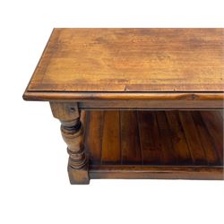 Square elm coffee table, square ovolo-moulded top with fruitwood band, turned supports united by undertier 