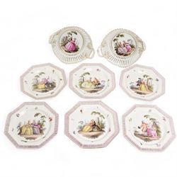 Set of six 19th century Berlin octagonal plates and a pair of two handled baskets, with pi...