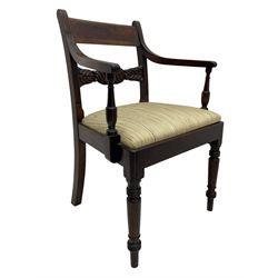 Georgian design set of six (6+2) mahogany dining chairs, the bar cresting rail inlaid with figured mahogany panel, shaped twist lobe carved middle rail with extending stylised leaf decoration, upholstered drop-in seat, on turned front supports 