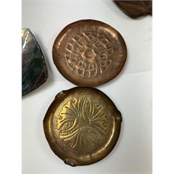 Keswick School of Industrial Arts, flared vase of cylindrical form, together with an Arts and Crafts plated copper, an embossed tray, copper dishes and charger 