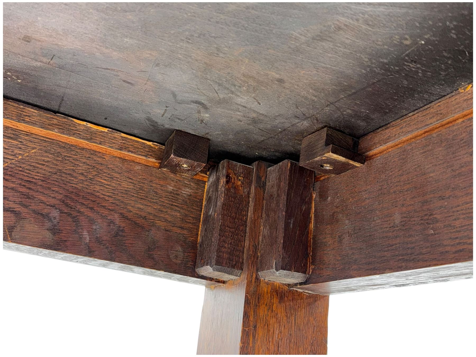 Large 10' 7'' late Victorian oak boardroom table, moulded rectangular top with inset green leather surface, on turned and reed moulded supports with brass and ceramic castors 