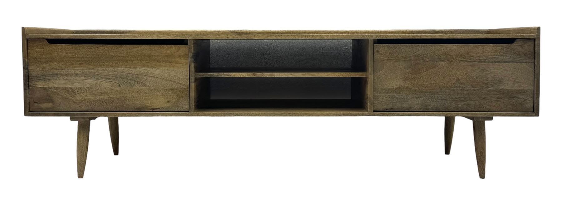 Swoon - contemporary 'Southwark' television stand, rectangular top over open shelves, flanked by two hinged cupboard doors, on rounded tapered supports