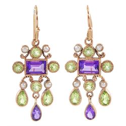 Pair of gold milgrain set peridot, amethyst and seed pearl pendant earrings, stamped 9ct