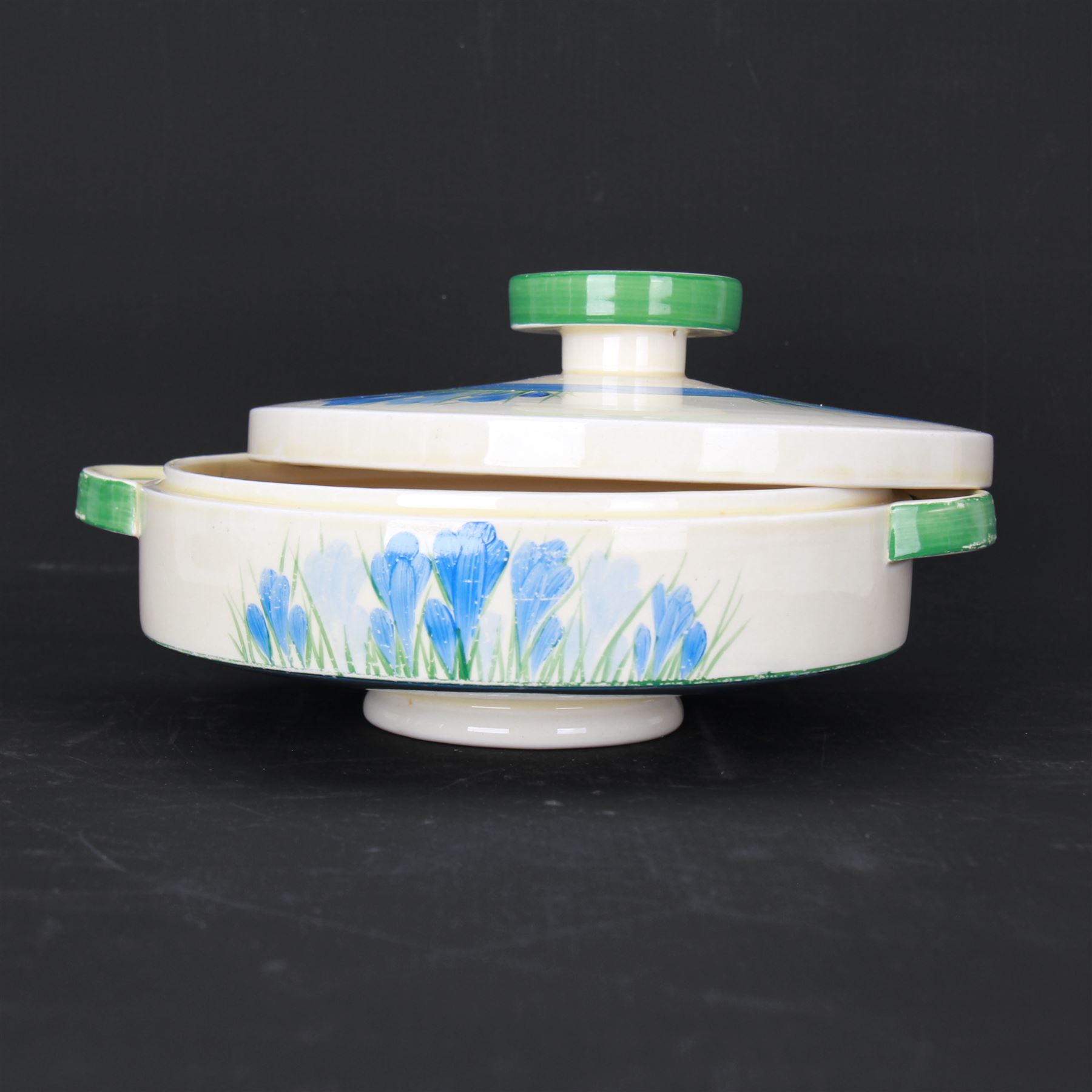 Clarice Cliff Bizarre 'Blue Crocus' pattern Odelon shape vegetable tureen and cover, with Crocus and Bizarre mark beneath, H12cm D20cm