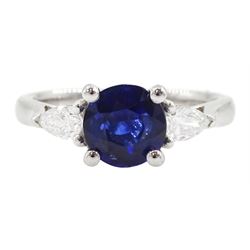 18ct white gold three stone round cut sapphire and pear cut diamond ring, hallmarked, sapp...