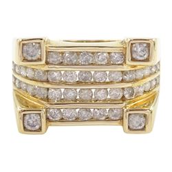 Gold channel set round brilliant cut diamond ring, with four diamonds set at each corner, hallmarked 9ct, total diamond weight 1.59 carat