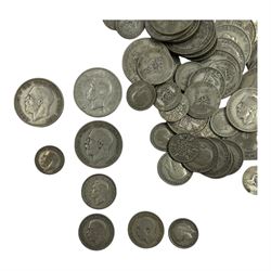 Approximately 1170 grams of Great British pre 1947 silver coins, including sixpences, one shillings, florins etc