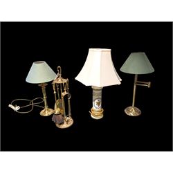 Adjustable brass lamp, Porcelain de France lamp and one other brass lamp, together with a brass fireside compendium 