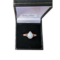 Silver-gilt pear shaped opal and cubic zirconia ring, stamped and boxed