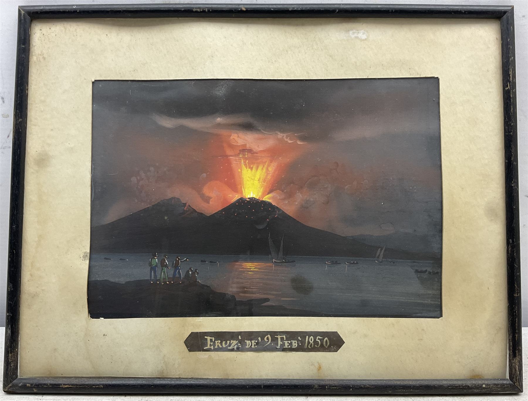 Neapolitan School (Mid 19th century): 'Vesuvius Erupting 9th Febuary 1850' seen from the Riviera di Chiaia Beach Tower over the Bay of Naples, set of three gouaches night and day with American Paddle steamer in the foreground, unsigned titled and dated 16cm x 23cm (3)