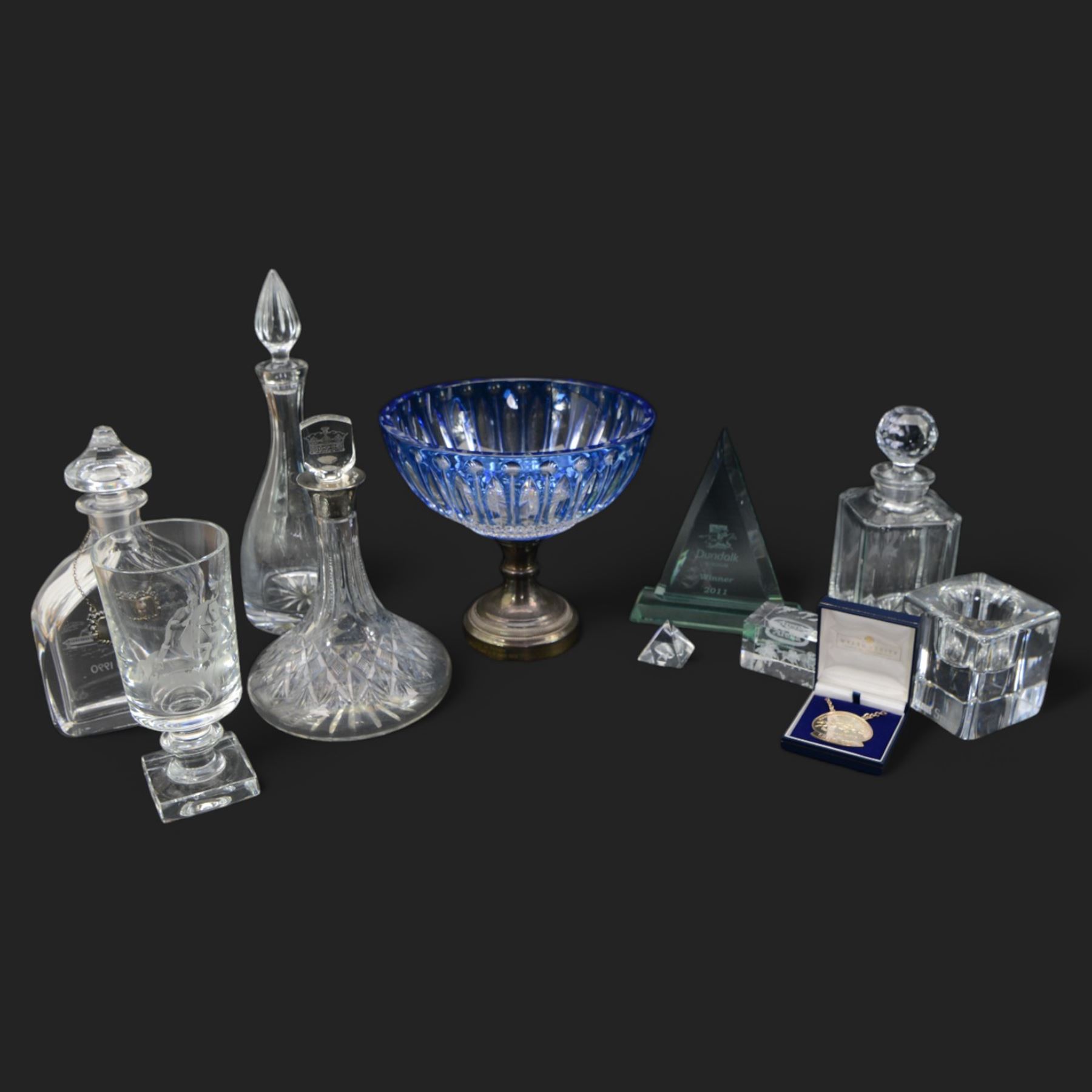 Orrefors glass decanter 'Sussex Stand 1990', glass ships decanter with silver collar 'Graham's Vintage Port', silver decanter label, boxed, French blue glass bowl on pewter stand 'Deauville 2012, Atlantis Gulotta glass vase etched with a racehorse H21cm and other glass with racing connections 