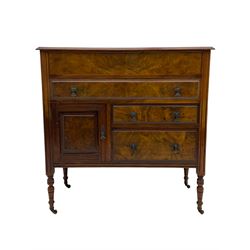 Edwardian walnut gentleman's tallboy, moulded hinged lid enclosing divisions, long drawer over two short drawers and panelled cupboard, turned supports terminating at ceramic castors