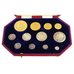 King George V 1911 proof long coin set, comprising gold half sovereign, sovereign, two pounds and five pounds, silver maundy money set, sixpence, shilling, florin and halfcrown, housed in dated case 
