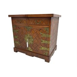 Chinese design bamboo and wood side cabinet, parquetry lattice-work bamboo, rectangular top over two drawers and double cupboard