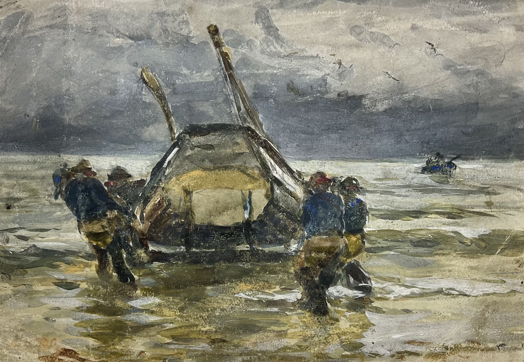 Robert Jobling (Staithes Group 1841-1923): Launching the Coble, watercolour signed 12cm x 18cm