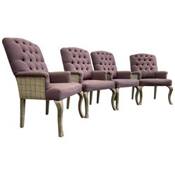 Voyage - four high back armchairs upholstered in buttoned lilac and tweed fabric, painted cabriole legs