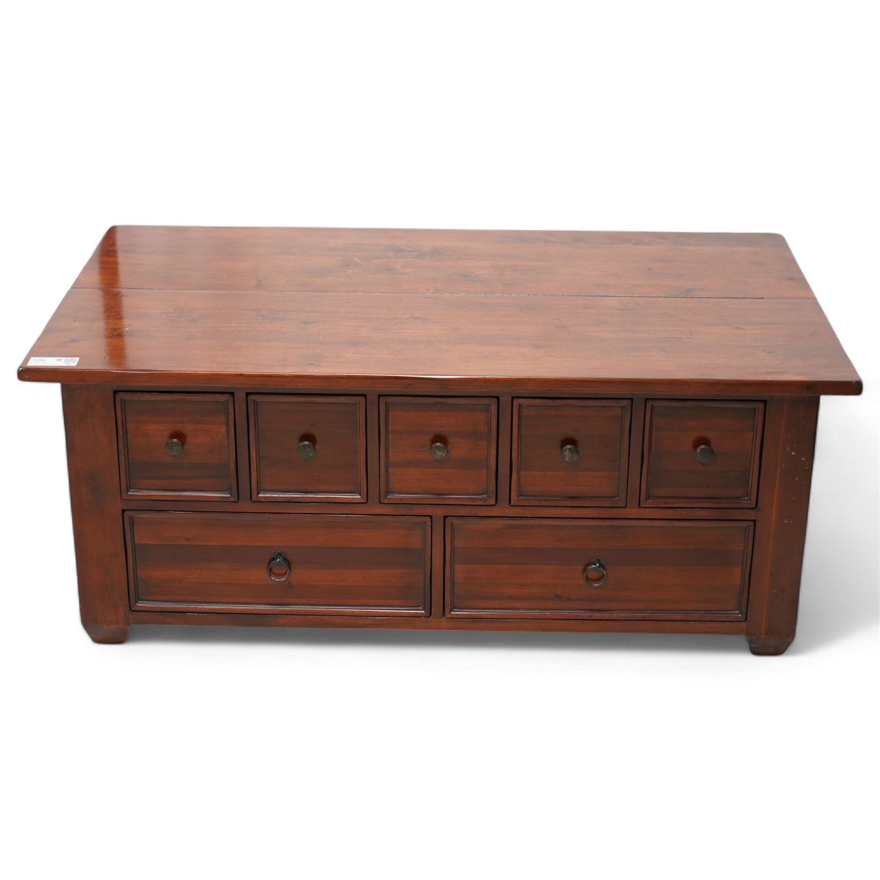 Hardwood rectangular coffee table, hinged top enclosing storage space, fitted with seven drawers 