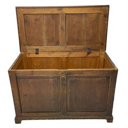 19th century pine blanket chest, double panelled hinged lid over panelled front and sides, on bracket feet