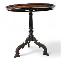 19th century inlaid walnut Italian Sorrento table, circular tilt-top with geometric star inlay and parquetry band decorated with stylised flowerheads, on turned column with three out splayed silhouette supports 