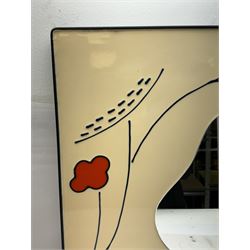 Contemporary mirror, with a border of abstract shapes and stylised flowers in a rectangular frame, H78cm