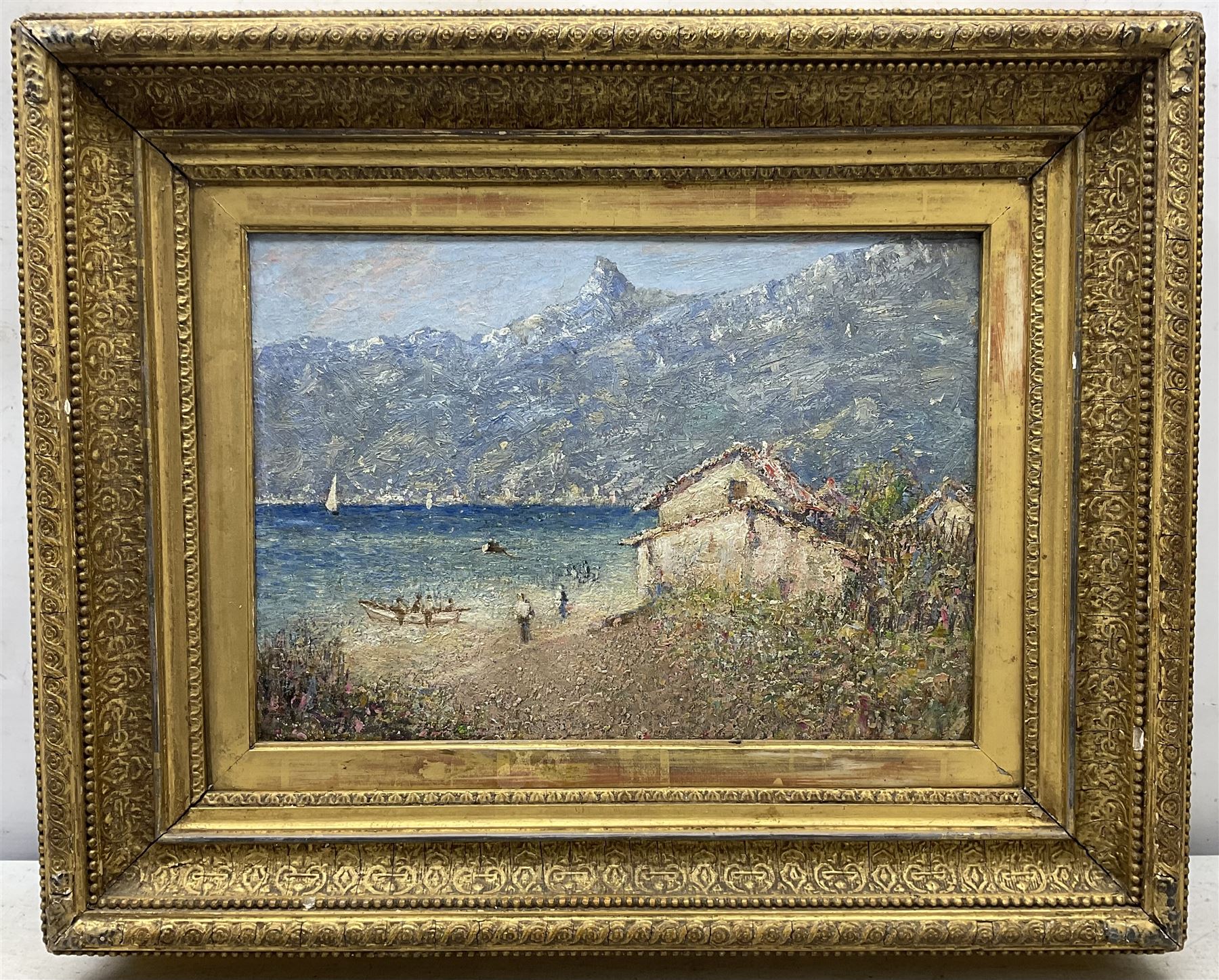 Andrew Charles Colley (Staithes Group 1859-1910): Italian Lakeside in Winter, oil on canvas laid on to board unsigned 25cm x 35cm 
Provenance: given to a relative of the previous vendor (who lived in Runswick Bay) by the artist's wife. Colley lived at 'The Firs' in Hinderwell, and is one of the more elusive members of the Staithes Group.